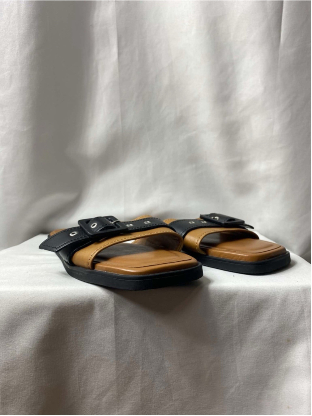 Anthropology Women's Square Toe Black-Tan Flat Buckle Slide Sandals Size 38